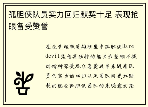 孤胆侠队员实力回归默契十足 表现抢眼备受赞誉 孤胆侠队员实力回归默契十足 表现抢眼备受赞誉